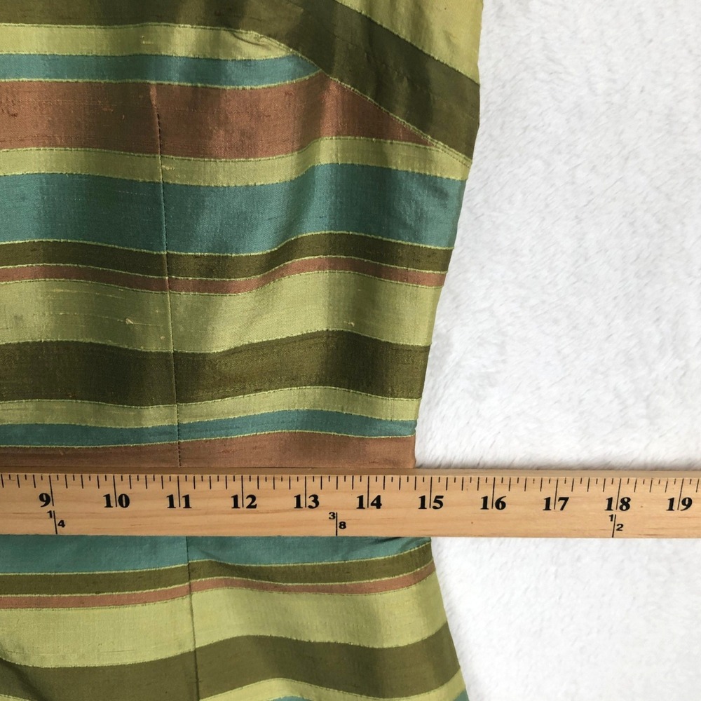 MAGGY LONDON 100% Silk Striped Sheath Dress Sz 8 Green Teal Copper Sleeveless - Picture 8 of 10